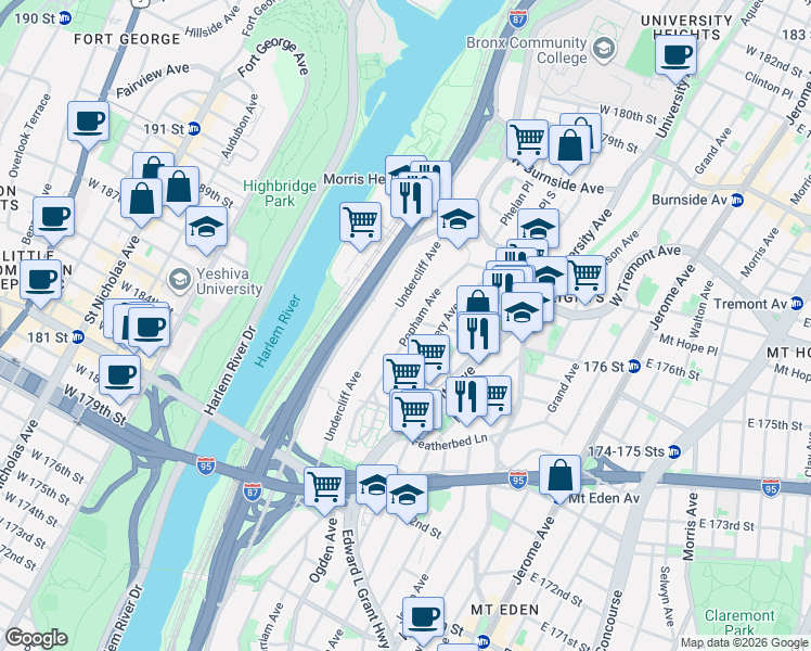 map of restaurants, bars, coffee shops, grocery stores, and more near 1642 Undercliff Avenue in Bronx