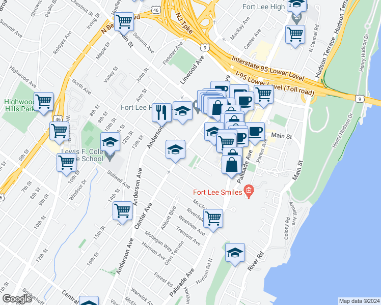 map of restaurants, bars, coffee shops, grocery stores, and more near 290 Whiteman Street in Fort Lee