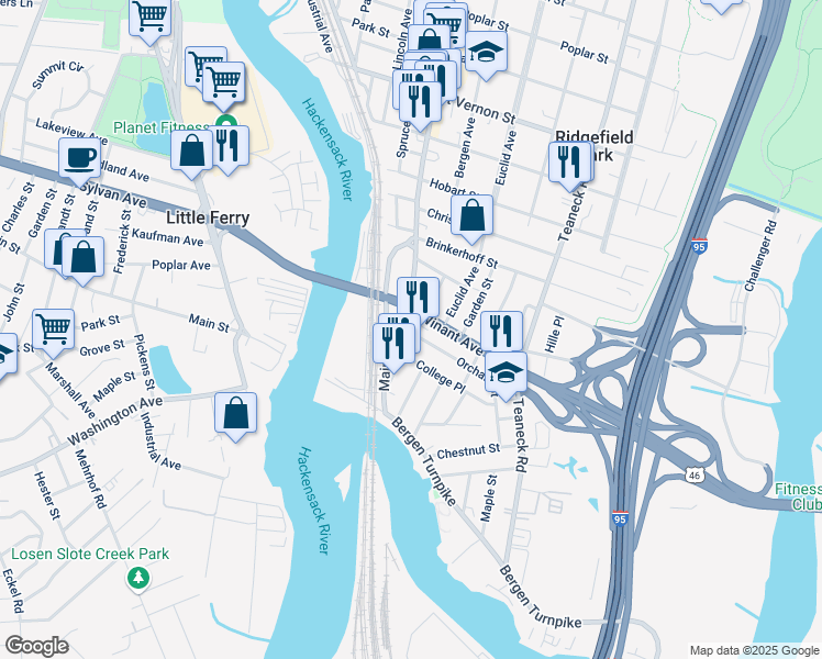 map of restaurants, bars, coffee shops, grocery stores, and more near 11 Main Street in Ridgefield Park