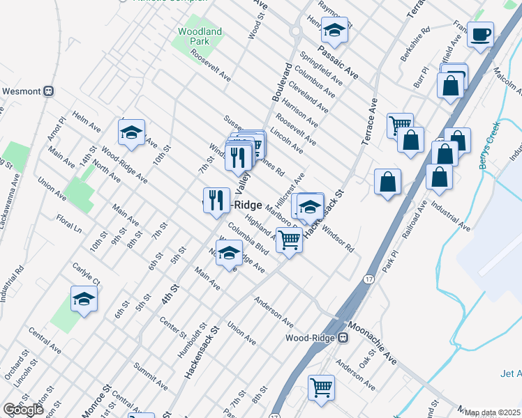 map of restaurants, bars, coffee shops, grocery stores, and more near 243 Hillcrest Avenue in Wood-Ridge