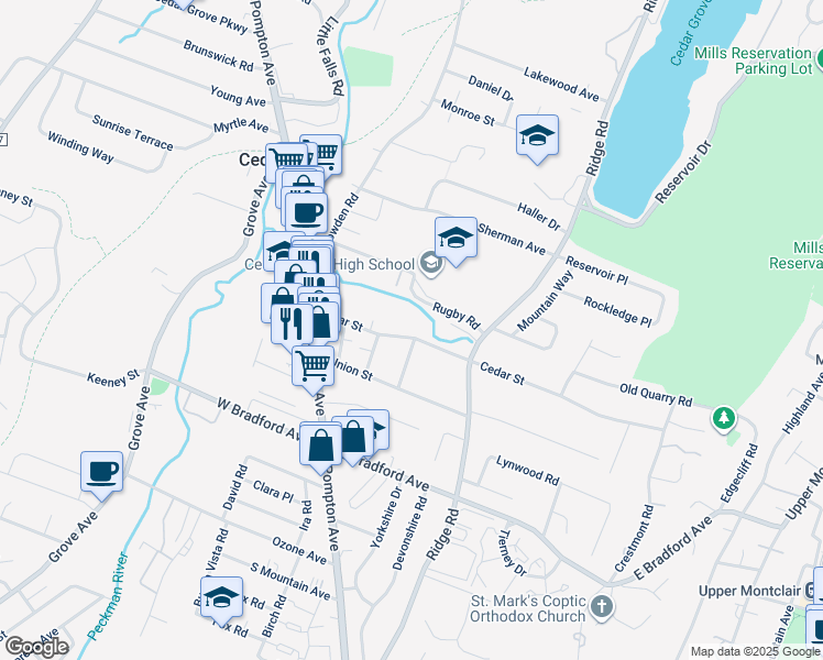 map of restaurants, bars, coffee shops, grocery stores, and more near 94 Cedar Street in Cedar Grove