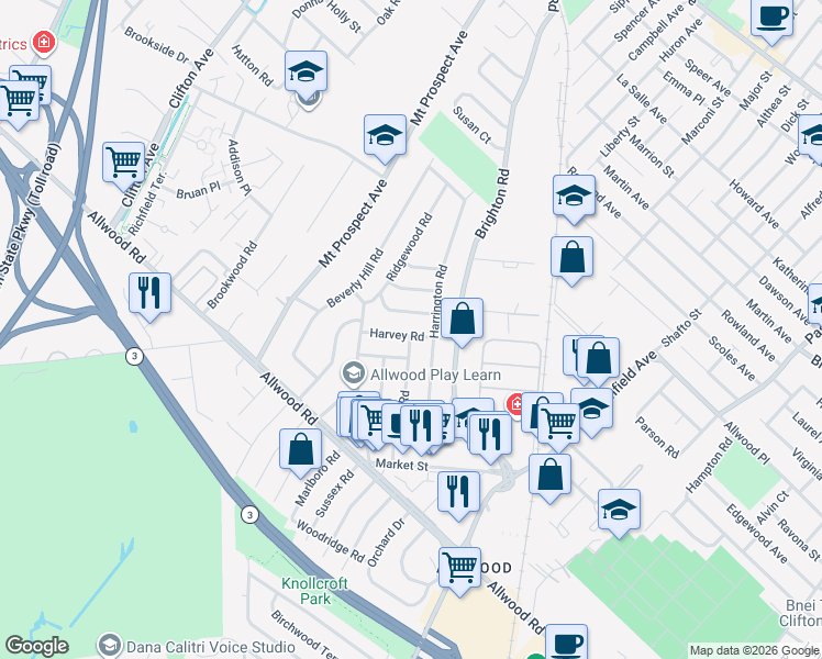 map of restaurants, bars, coffee shops, grocery stores, and more near 38 Harvey Road in Clifton