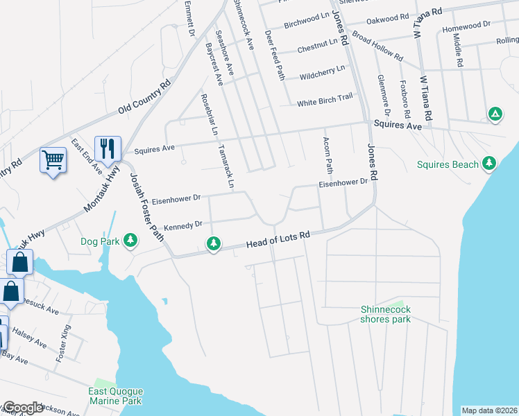 map of restaurants, bars, coffee shops, grocery stores, and more near 36 Eisenhower Drive in East Quogue