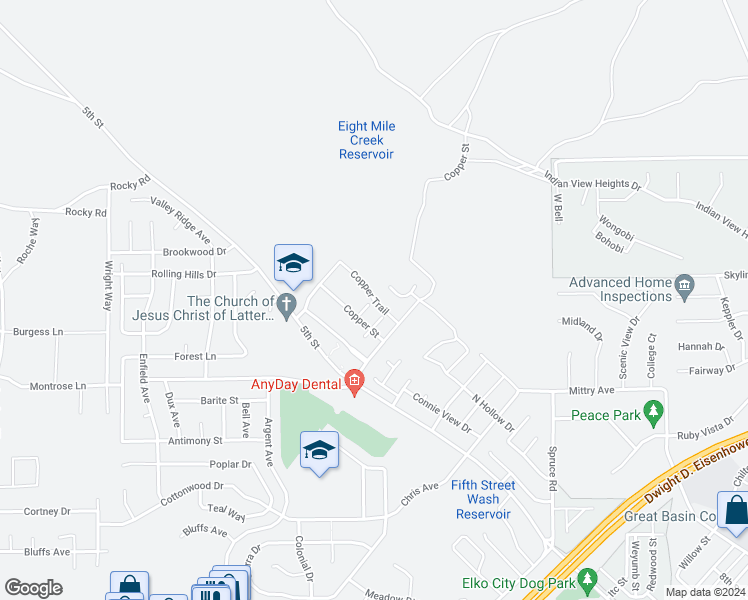 map of restaurants, bars, coffee shops, grocery stores, and more near 2897 Copper Trail in Elko