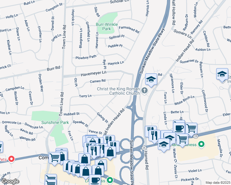 map of restaurants, bars, coffee shops, grocery stores, and more near 50 Ruth Boulevard in Commack