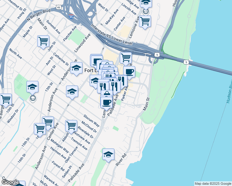 map of restaurants, bars, coffee shops, grocery stores, and more near 1611 Palisade Avenue in Fort Lee