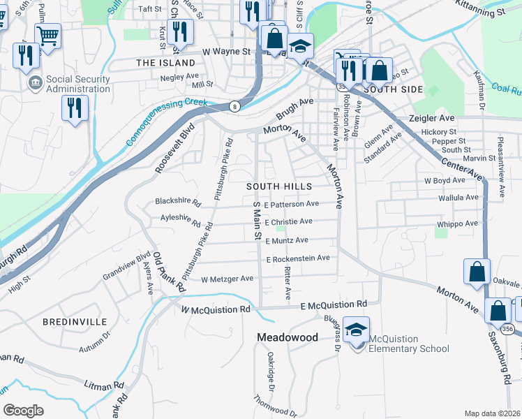 map of restaurants, bars, coffee shops, grocery stores, and more near 101 East Patterson Avenue in Butler