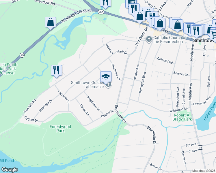 map of restaurants, bars, coffee shops, grocery stores, and more near 1 Higbie Drive in Smithtown