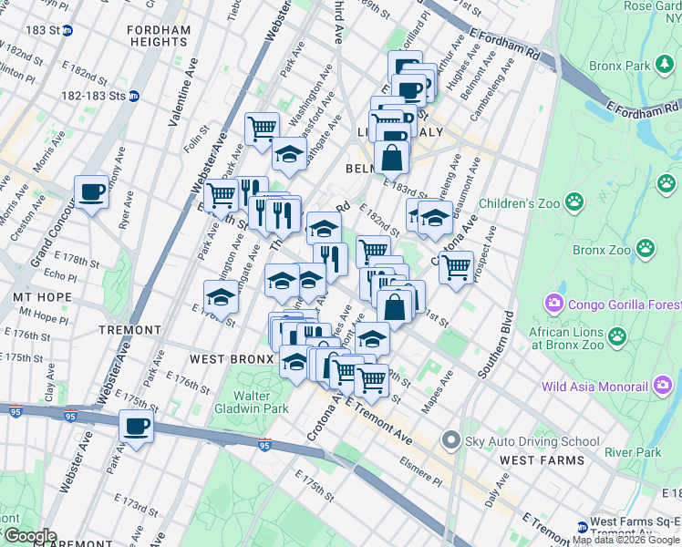 map of restaurants, bars, coffee shops, grocery stores, and more near in The Bronx