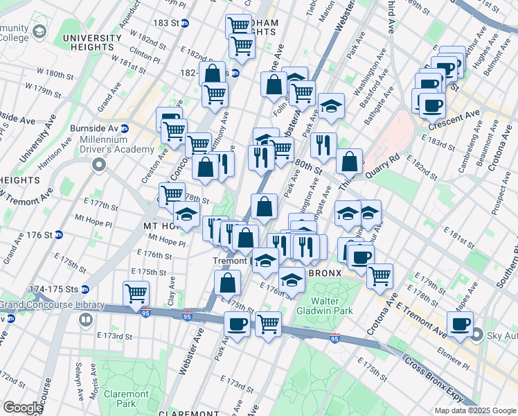 map of restaurants, bars, coffee shops, grocery stores, and more near 4275 Park Avenue in The Bronx