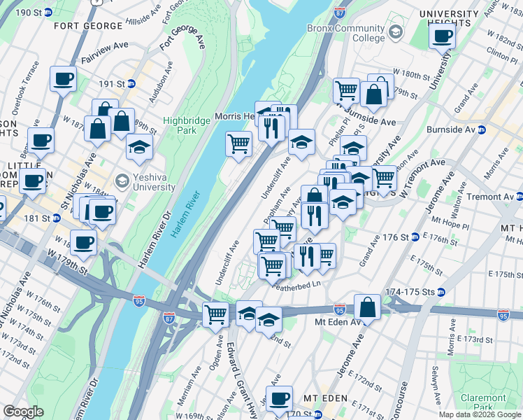 map of restaurants, bars, coffee shops, grocery stores, and more near 1650 Undercliff Avenue in Bronx
