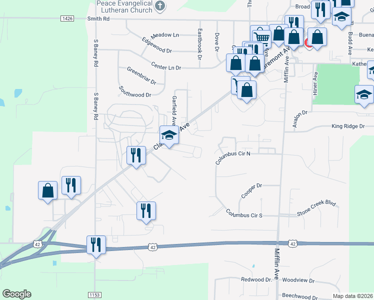 map of restaurants, bars, coffee shops, grocery stores, and more near 1945 Claremont Avenue in Ashland