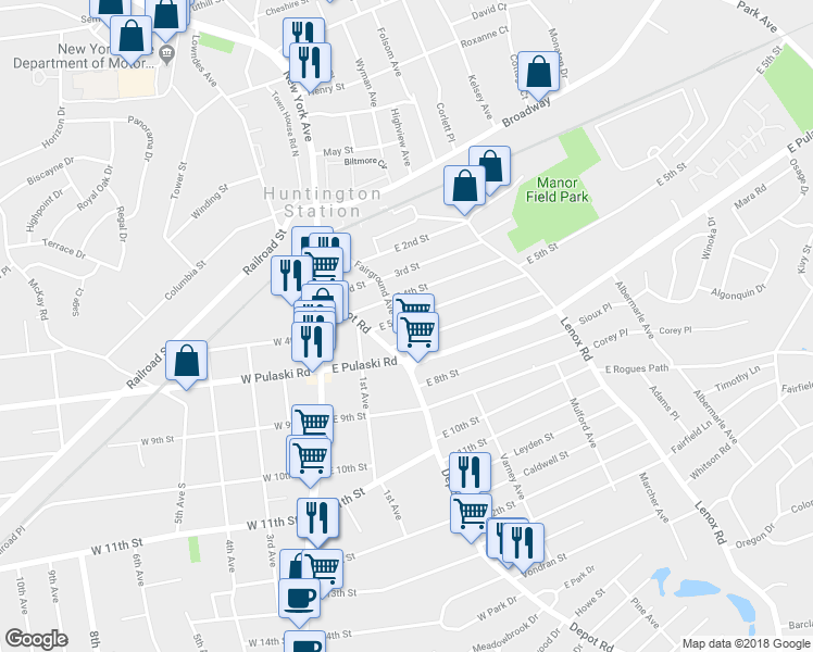 map of restaurants, bars, coffee shops, grocery stores, and more near 3 East 5th Street in Huntington Station
