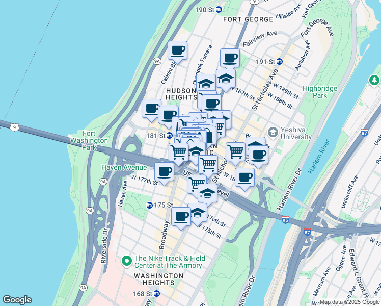 map of restaurants, bars, coffee shops, grocery stores, and more near 715 West 180th Street in New York