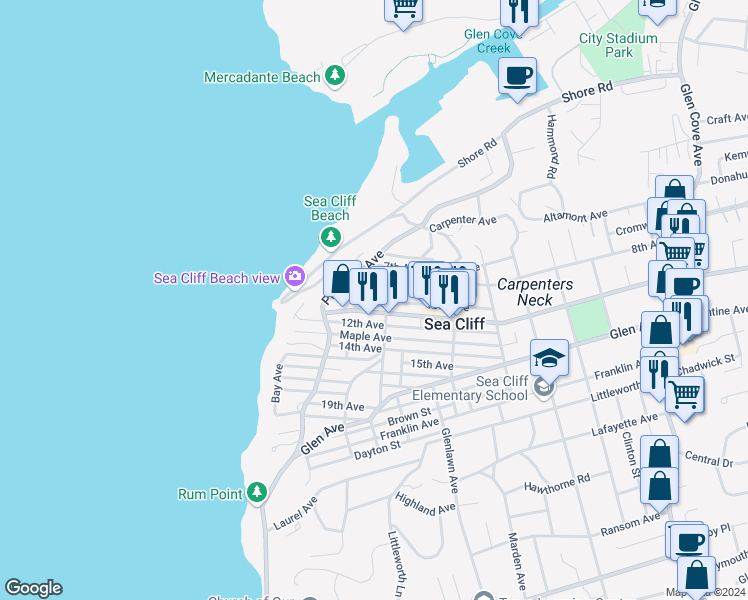 map of restaurants, bars, coffee shops, grocery stores, and more near 75 Summit Avenue in Sea Cliff