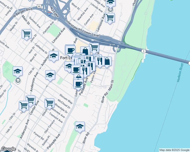 map of restaurants, bars, coffee shops, grocery stores, and more near 1622 Parker Avenue in Fort Lee