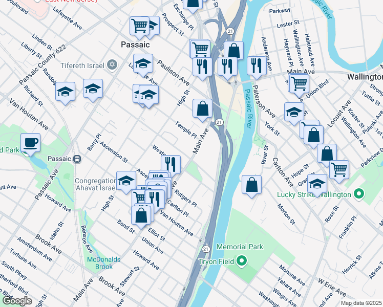 map of restaurants, bars, coffee shops, grocery stores, and more near 72 Aycrigg Avenue in Passaic