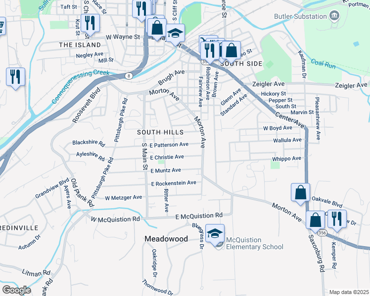 map of restaurants, bars, coffee shops, grocery stores, and more near 228 East Christie Avenue in Butler