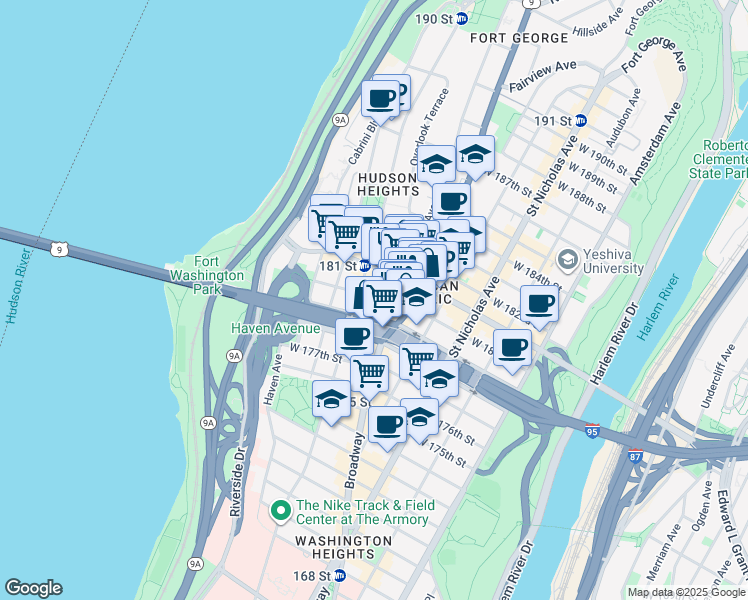 map of restaurants, bars, coffee shops, grocery stores, and more near 720 West 180th Street in New York