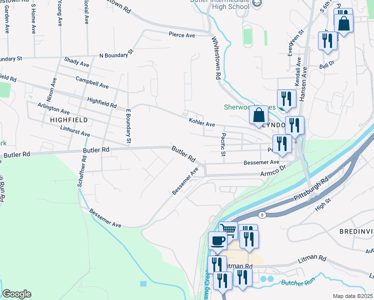 map of restaurants, bars, coffee shops, grocery stores, and more near 18 Butler Road in Lyndora