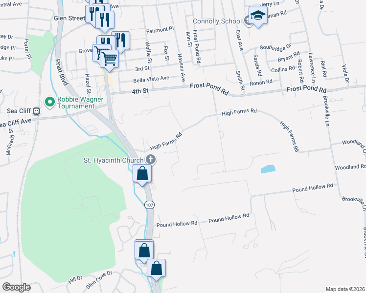 map of restaurants, bars, coffee shops, grocery stores, and more near 41 High Farms Road in Glen Head
