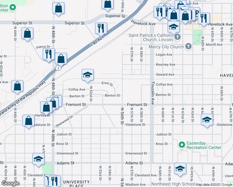 map of restaurants, bars, coffee shops, grocery stores, and more near 5448 Ervin Street in Lincoln