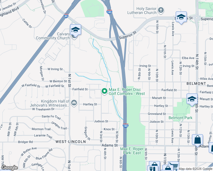map of restaurants, bars, coffee shops, grocery stores, and more near Roper Park Trail in Lincoln