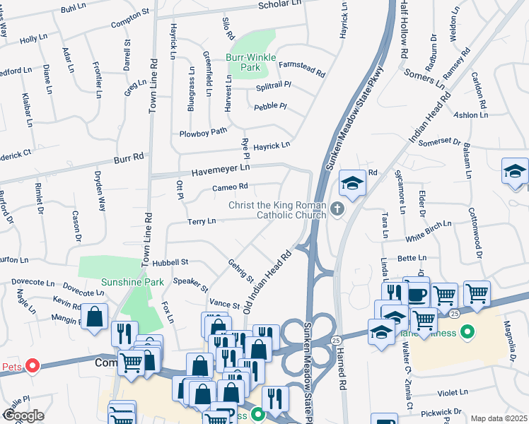 map of restaurants, bars, coffee shops, grocery stores, and more near 50 Ruth Boulevard in Commack