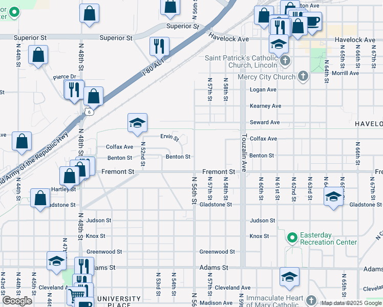 map of restaurants, bars, coffee shops, grocery stores, and more near 3701 North 56th Street in Lincoln
