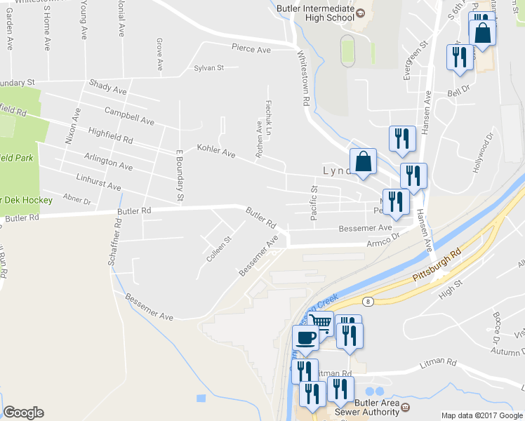 map of restaurants, bars, coffee shops, grocery stores, and more near 18 Butler Road in Lyndora