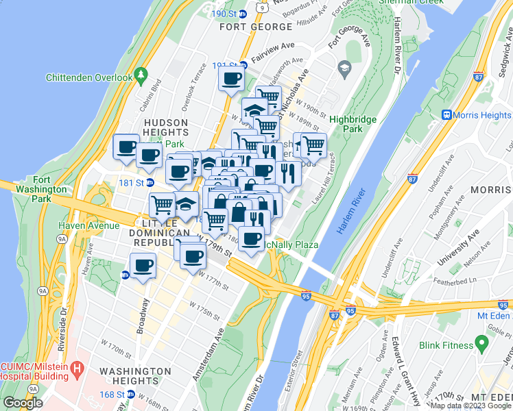 map of restaurants, bars, coffee shops, grocery stores, and more near 350 Audubon Avenue in New York