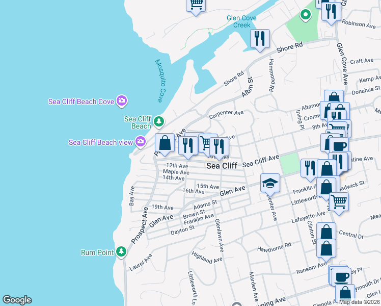 map of restaurants, bars, coffee shops, grocery stores, and more near 300 Sea Cliff Avenue in Sea Cliff