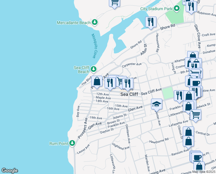 map of restaurants, bars, coffee shops, grocery stores, and more near 324 Sea Cliff Avenue in Sea Cliff