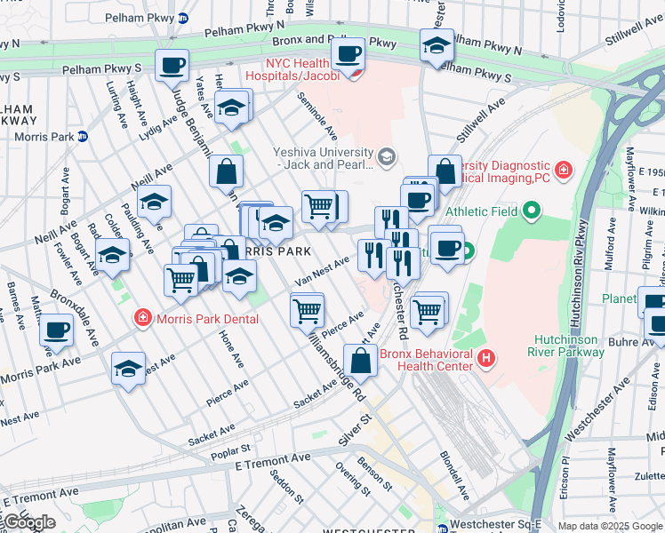 map of restaurants, bars, coffee shops, grocery stores, and more near 1656 Hering Avenue in Bronx