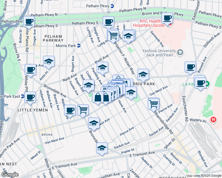 map of restaurants, bars, coffee shops, grocery stores, and more near 1825 Hone Avenue in Bronx