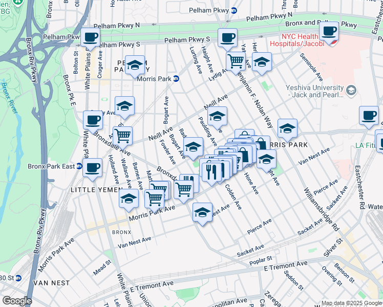 map of restaurants, bars, coffee shops, grocery stores, and more near 974 Rhinelander Avenue in Bronx