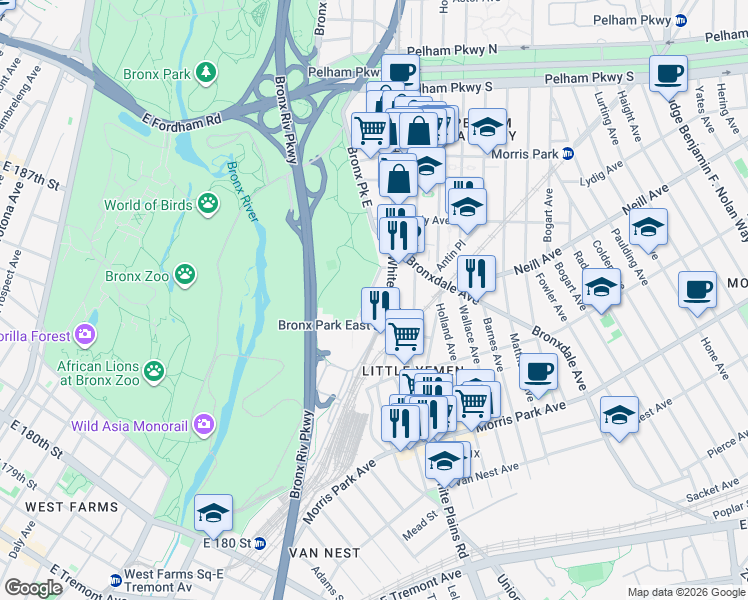 map of restaurants, bars, coffee shops, grocery stores, and more near 1944 Unionport Road in Bronx