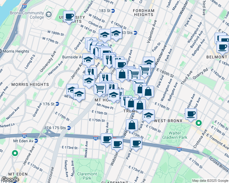 map of restaurants, bars, coffee shops, grocery stores, and more near 250 Echo Place in The Bronx