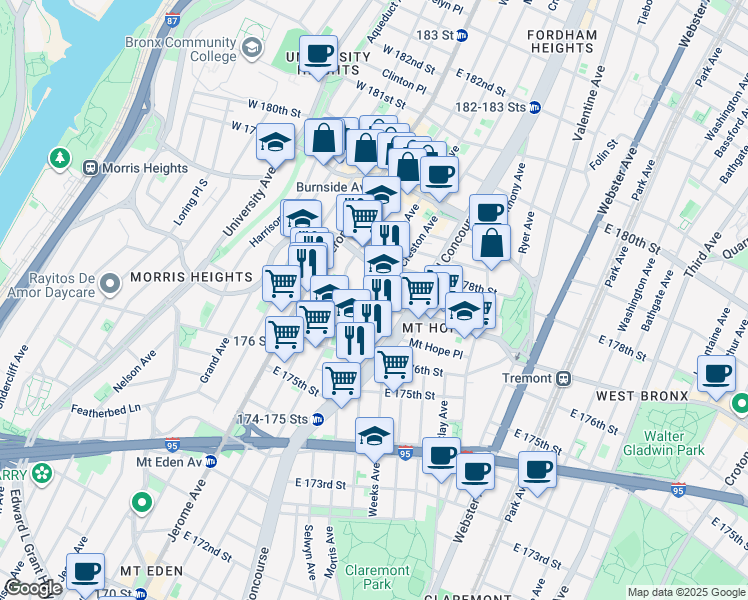 map of restaurants, bars, coffee shops, grocery stores, and more near 104 East 177th Street in The Bronx