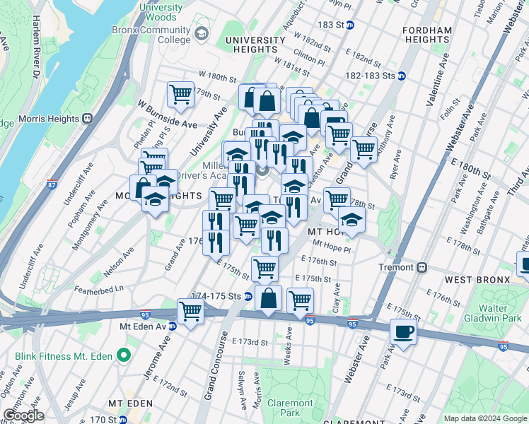 map of restaurants, bars, coffee shops, grocery stores, and more near 1895 Walton Avenue in Bronx