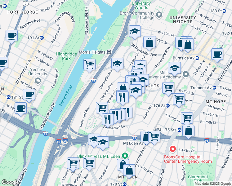 map of restaurants, bars, coffee shops, grocery stores, and more near 121 West 176th Street in Bronx