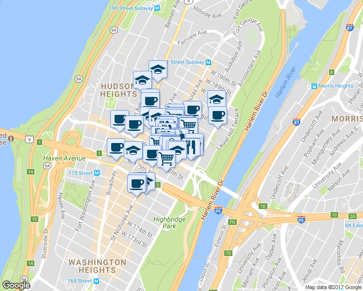 map of restaurants, bars, coffee shops, grocery stores, and more near 340 Audubon Avenue in New York