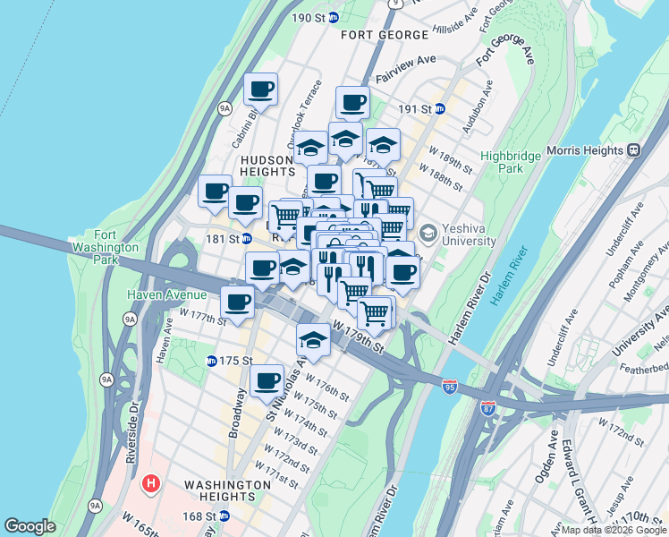 map of restaurants, bars, coffee shops, grocery stores, and more near in New York