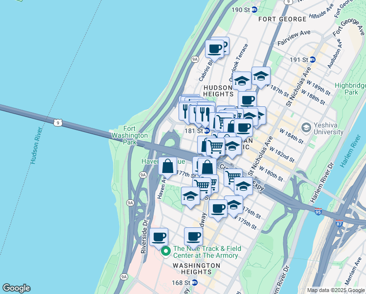 map of restaurants, bars, coffee shops, grocery stores, and more near 14 Cabrini Boulevard in New York