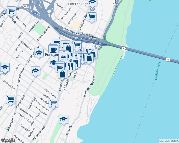 map of restaurants, bars, coffee shops, grocery stores, and more near 69 Main Street in Fort Lee