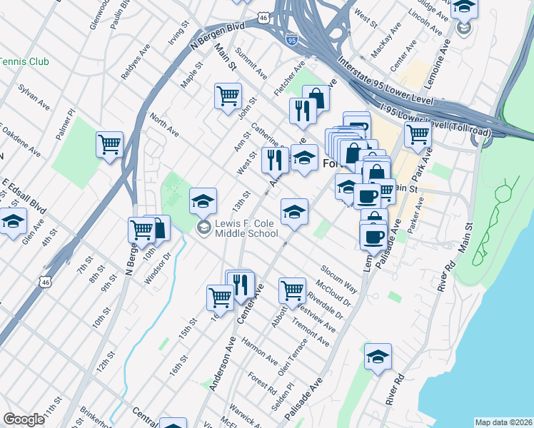 map of restaurants, bars, coffee shops, grocery stores, and more near 359 Slocum Way in Fort Lee