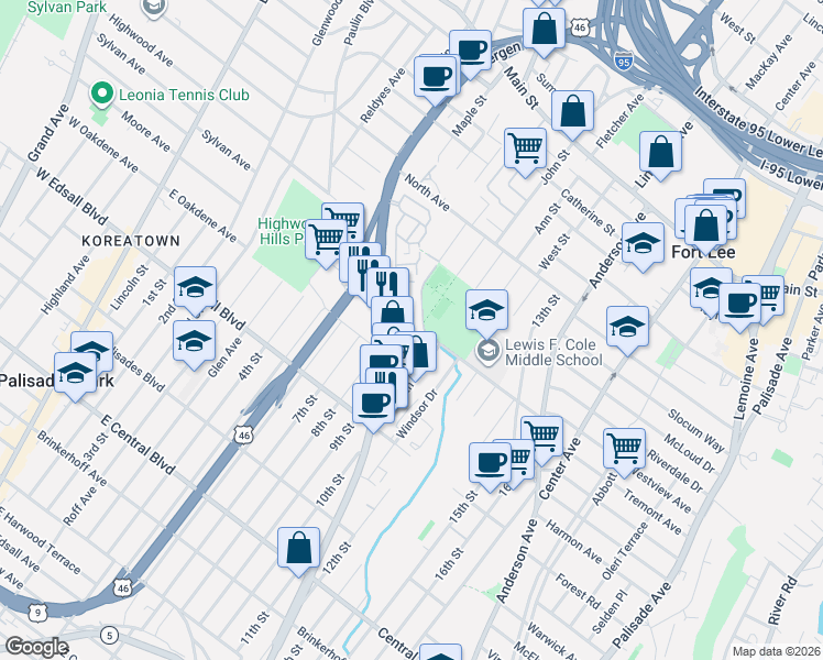 map of restaurants, bars, coffee shops, grocery stores, and more near 1548-500 Stillwell Avenue in Fort Lee