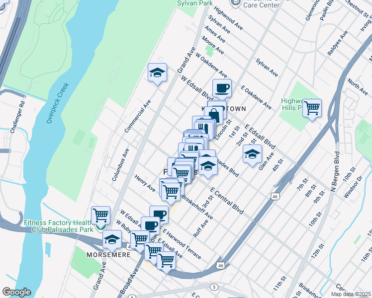 map of restaurants, bars, coffee shops, grocery stores, and more near 316A Highland Avenue in Palisades Park
