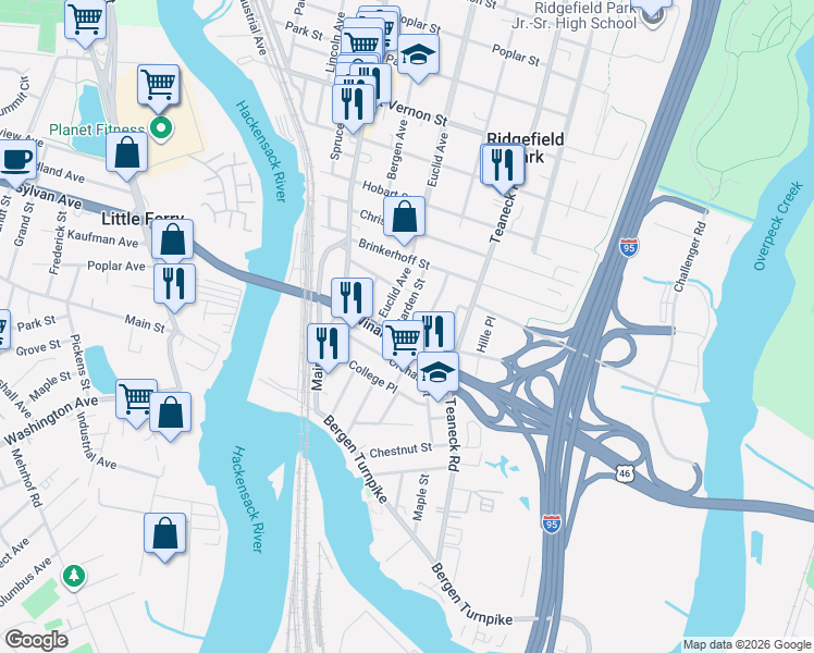 map of restaurants, bars, coffee shops, grocery stores, and more near 48 Winant Avenue in Ridgefield Park