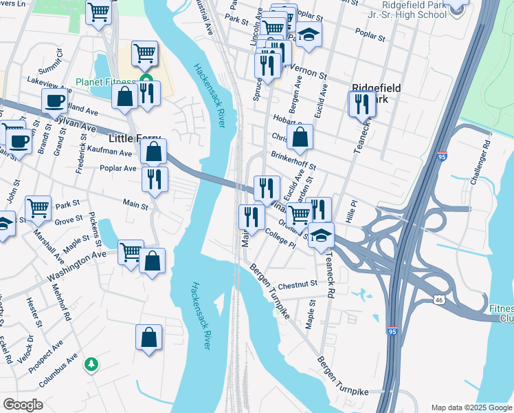 map of restaurants, bars, coffee shops, grocery stores, and more near 11 Main Street in Ridgefield Park